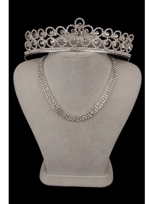Şık 3 Sıra Kristal Taşlı Abiye Kolye Ve Çiçek Gelin Tacı