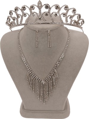 Hayalperest Boncuk Mia Taşlı Abiye Kolye Küpe Seti ve Gül Gelin Tacı