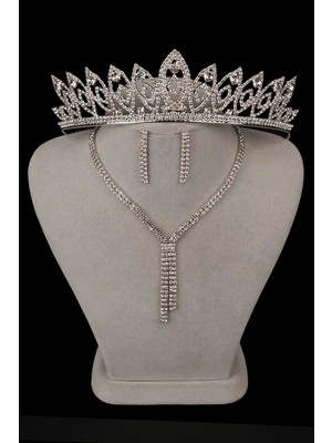 Hayalperest Boncuk Giba Su Yolu Kristal Taşlı Abiye Kolye Küpe Seti ve Ince Yaprak Gelin Tacı