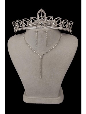 Damla Şık Kristal Taşlı Abiye Kolye Küpe Seti Ve Çiçek Gelin Tacı