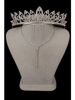 Damla Şık Kristal Taşlı Abiye Kolye Küpe Seti Ve İnce Yaprak Gelin Tacı