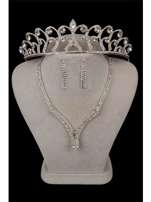 Hayalperest Boncuk Hira Kristal Taşlı Abiye Kolye Küpe Seti ve Gül Gelin Tacı