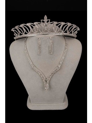 Hayalperest Boncuk Hira Kristal Taşlı Abiye Kolye Küpe Seti ve Lale Gelin Tacı