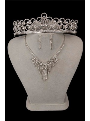 Hayalperest Boncuk Dila Kristal Taşlı Abiye Kolye Küpe Seti ve Çiçek Gelin Tacı