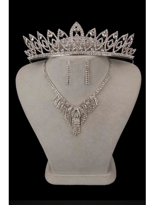 Hayalperest Boncuk Dila Kristal Taşlı Abiye Kolye Küpe Seti ve Ince Yaprak Gelin Tacı