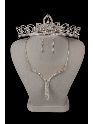 Hayalperest Boncuk Ela Su Yolu Kristal Taşlı Abiye Kolye Küpe Seti ve Yaprak Gelin Tacı