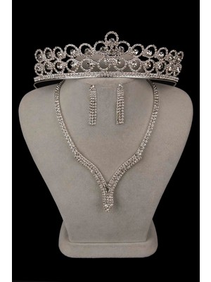 Hayalperest Boncuk Hira Kristal Taşlı Abiye Kolye Küpe Seti ve Çiçek Gelin Tacı