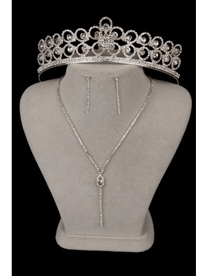 Rio Şık Kristal Taşlı Abiye Kolye Küpe Seti Ve Çiçek Gelin Tacı