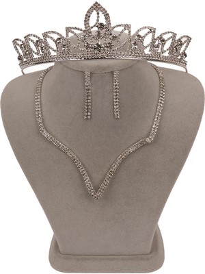 Hayalperest Boncuk Vendi Kristal Taşlı Abiye Kolye Küpe Seti ve Yaprak Gelin Tacı