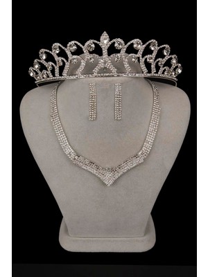 Hayalperest Boncuk Vera Kristal Taşlı Abiye Kolye Küpe Seti ve Gül Gelin Tacı