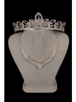 Hayalperest Boncuk Vera Kristal Taşlı Abiye Kolye Küpe Seti ve Yaprak Gelin Tacı