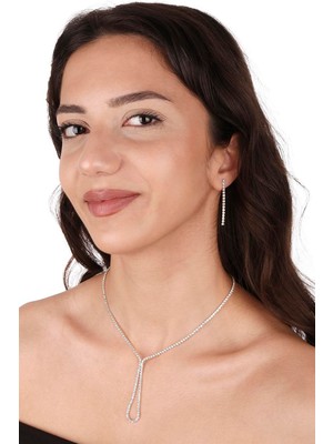 Lade Şık Kristal Taşlı Abiye Kolye Küpe Seti Yaprak Gelin Tacı