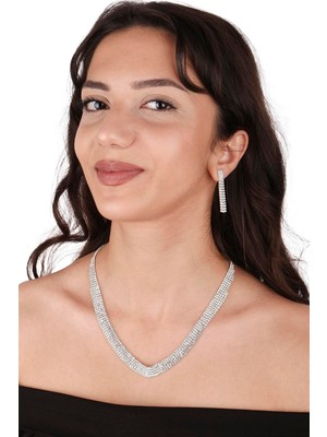 Linda Kristal Taşlı Abiye Kolye Ve Küpe Seti