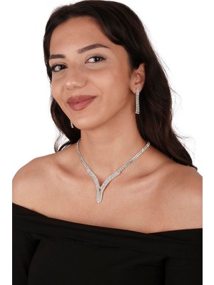 Hira Kristal Taşlı Abiye Kolye Ve Küpe Seti