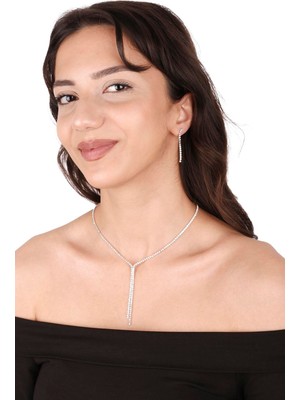 Zarif Su Yolu Kristal Taşlı Abiye Kolye Ve Küpe Seti