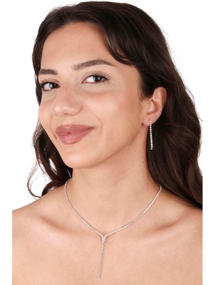 Damla Şık İnce Kristal Taşlı Abiye Kolye Ve Küpe Seti