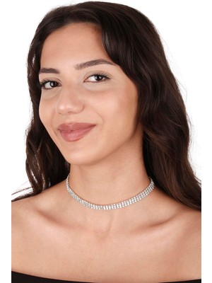 Şık 3 Sıra Kristal Taşlı Abiye Kolye