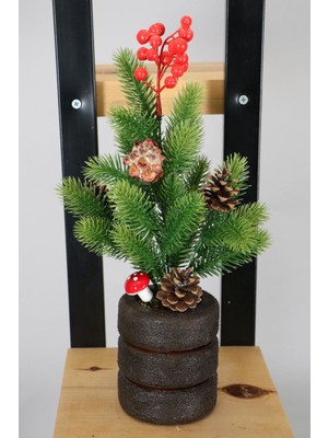 Yapay Çiçek Deposu Yapay Mini Yılbaşı Ağacı Ahşap Saksılı 38 cm