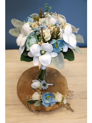 Yapay Çiçek Deposu Buz Mavisi Manolya Gül Gelin Buketi 3lü Set