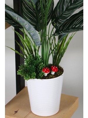 Yapay Çiçek Deposu Dekoratif Beyaz Mika Saksıda Calathea Majestica Bitki Tanzimi 70 cm