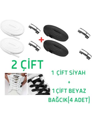 Neystore 2 Çift - Paslanmaz Metal, Manyetikli, Elastik, Tak-Bırak Akıllı  Ayakkabı Bağcığı (1 Çift Siyah Bağcıklı + 1 Çift Beyaz Beyaz Bağcıklı)