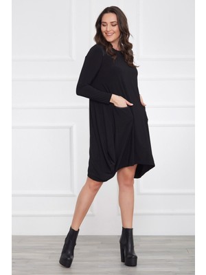 Laranor Deri Detaylı Asimetrik Kesim Elbise 46 - Siyah