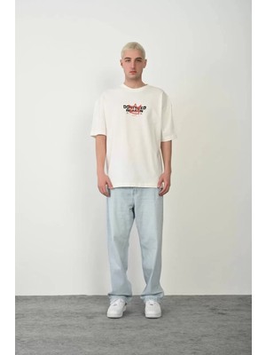 Tarz Yeri Unisex Baskılı Bisiklet Yaka Oversize T-Shirt - Beyaz