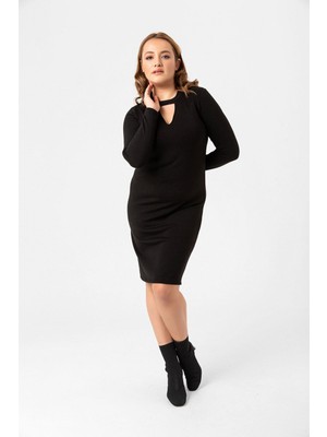 Laranor Büyük Beden V Yaka Triko Elbise 48 - Siyah