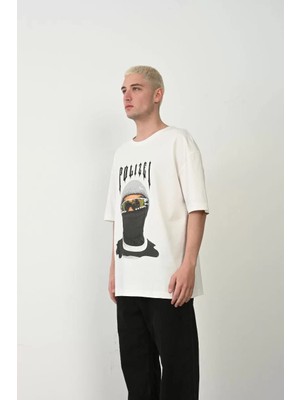 Tarz Yeri Unisex Baskılı Bisiklet Yaka Oversize T-Shirt - Beyaz