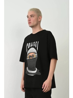 Tarz Yeri Unisex Baskılı Bisiklet Yaka Oversize T-Shirt - Siyah