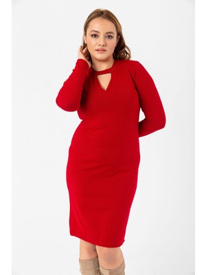 Laranor Büyük Beden V Yaka Triko Elbise 54 - Kırmızı