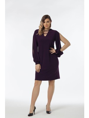 Laranor Kolda Yırtmaç Detatlı Elbise 48 - Mürdüm