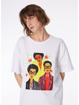 Fabrika Bisiklet Yaka Baskılı Kırık Beyaz Kadın T-Shirt F4SL-TST0207