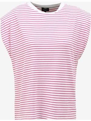 Fabrika Bisiklet Yaka Çizgili Beyaz - Fuşya Kadın T-Shirt F4SL-TST0259