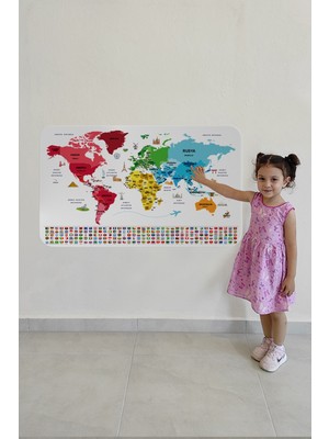 Kt Grup Türkçe Ülke Bayraklı Eğitici Başkent Detaylı Atlası Dünya Haritası Duvar Sticker