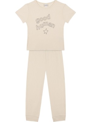 Antebies Organik Gri Good Human Nakışlı Beli Lastikli Kısa Kollu Erkek Çocuk Pijama Takımı