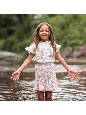 Antebies Organik Pembe Yaz Buketi Çiçek Desenli Beli Lastikli Kız Çocuk Etek