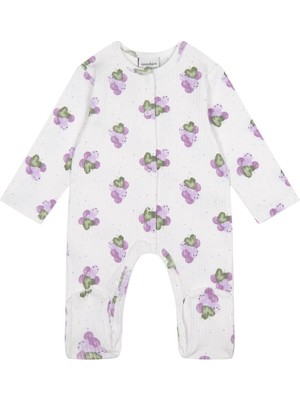 Antebies Organik Beyaz Üzüm Sezonu Desenli Çıtçıtlı Uzun Kollu Kız Bebek Patikli Tulum