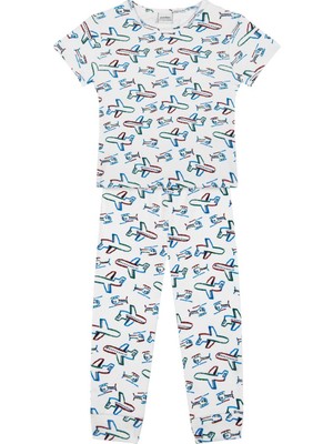 Antebies Organik Beyaz Uçak Desenli Beli Lastikli Kısa Kollu Erkek Çocuk Pijama Takımı