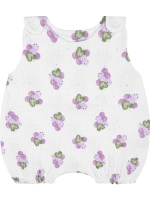 Antebies Organik Beyaz Üzüm Sezonu Desenli Omuzda Çıtçıtlı Kolsuz Şortlu Balon Kız Bebek Tulum