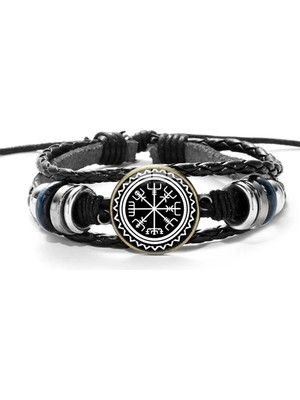 Qiuhong Shop Stil 16 Vegvisir Viking Pusula Deri Bilezik Vintage Trinity Nordic Runes Odin Desen Cam Bilezik Bilezik Erkekler Için Takı Hediyeler (Yurt Dışından)