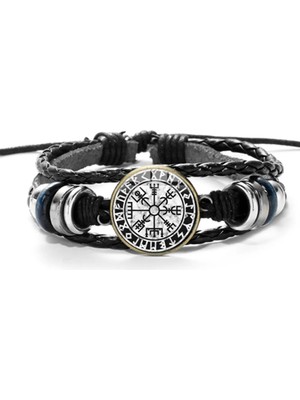 Qiuhong Shop Stil 16 Vegvisir Viking Pusula Deri Bilezik Vintage Trinity Nordic Runes Odin Desen Cam Bilezik Bilezik Erkekler Için Takı Hediyeler (Yurt Dışından)