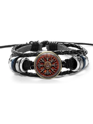 Qiuhong Shop Stil 16 Vegvisir Viking Pusula Deri Bilezik Vintage Trinity Nordic Runes Odin Desen Cam Bilezik Bilezik Erkekler Için Takı Hediyeler (Yurt Dışından)