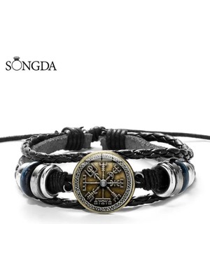 Qiuhong Shop Stil 16 Vegvisir Viking Pusula Deri Bilezik Vintage Trinity Nordic Runes Odin Desen Cam Bilezik Bilezik Erkekler Için Takı Hediyeler (Yurt Dışından)