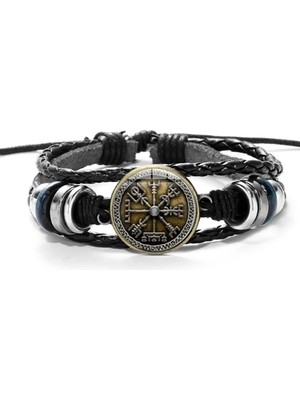 Qiuhong Shop Stil 1 Vegvisir Viking Pusula Deri Bilezik Vintage Trinity Nordic Runes Odin Desen Cam Bilezik Bilezik Erkekler Için Takı Hediyeler (Yurt Dışından)