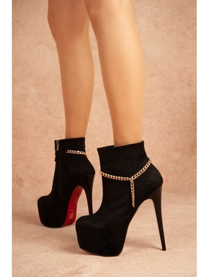 Tarz Topuklar Pedro Ring Zincirli Siyah Süet Ince Yüksek Topuklu Platform Bot
