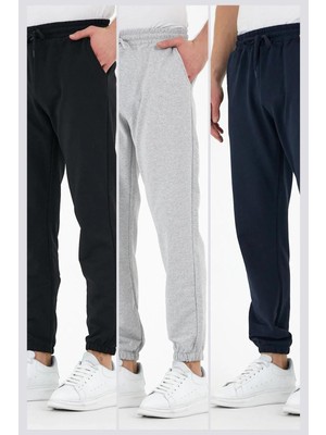 Comeor Siyah-Gri-Lacivert 3'lü Erkek Eşofman Altı Etiketli Arka ve Yan Cepli Regular Fit Lastik Paça
