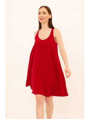 Laranor U Yaka Rahat Kesim Elbise 38 - Kırmızı