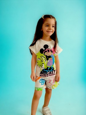 Lolli Boom Kids Yeni Sezon Kız Çocuk Mickey Mouse Baskılı T-Shirt Şort Takım 2'li Set