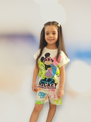 Lolli Boom Kids Yeni Sezon Kız Çocuk Mickey Mouse Baskılı T-Shirt Şort Takım 2'li Set